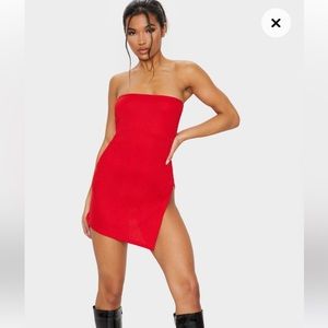 PRETTYLITTLETHING strapless slit bodycon mini red dress Valentine’s Day